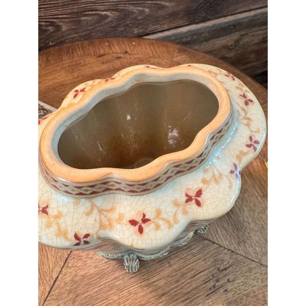 Amita Crackle Glaze Ceramic Jar with Ormolu Brass Base Floral Decorative Vase